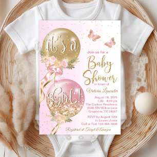 Invitation Balloons Rose Gold Fête de Naissance Papillon