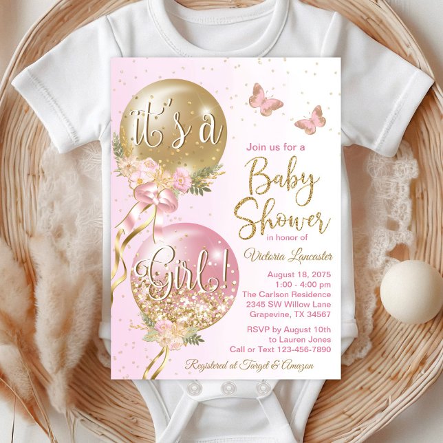 Invitation Balloons Rose Gold Fête de Naissance Papillon (Beautiful butterfly and balloons baby shower invitations. )