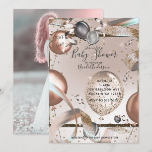 Invitation Balloons Rose Gold Rose Clair Pailletés Baby Showe