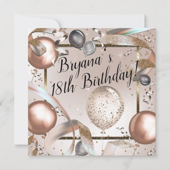 Invitation Balloons Rose Gold Rose et Paillettes Fête d'Anniv (Devant)