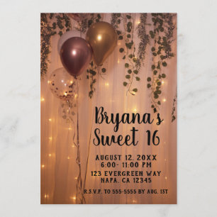 Invitation Balloons Rose Gold Rose Lumières Rustique Lierre D