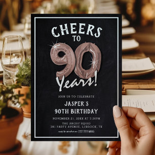 Invitation Balloons Rose Gold Rustique Tableau Noir 90ème Ann