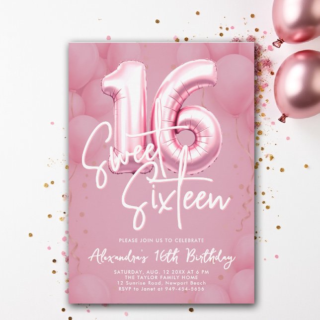 Invitation Balloons rose Moderne Calligraphie Stylish Sweet 1 (sweet sixteen invitation 16th birthday party pink purple balloons calligraphy milestone glam luxury)