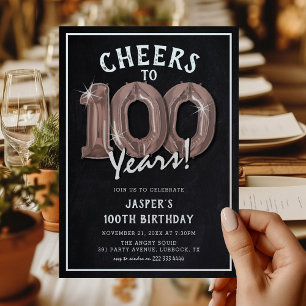 Invitation Balloons RoseGold Tableau Noir Rustique 100e Anniv