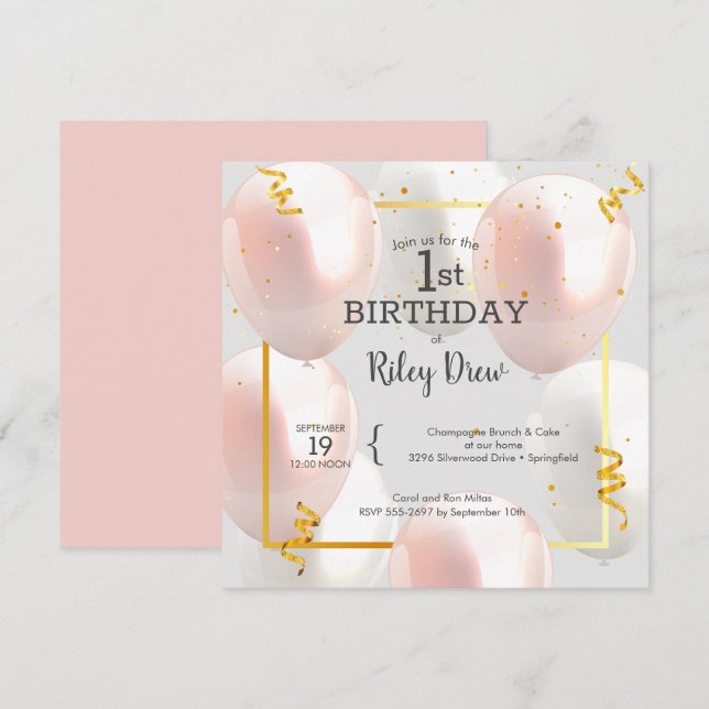 Invitation Balloons roses 1er anniversaire de fille (Devant / Derrière)