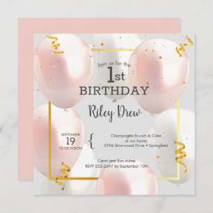 Invitation Balloons roses 1er anniversaire de fille