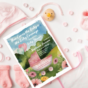Invitation Balloons roses Bébé Poussette Baby shower aquarell