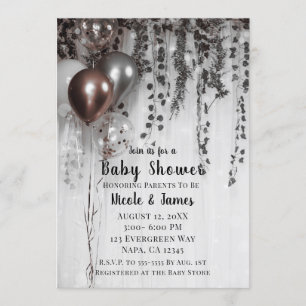 Invitation Balloons Roses et Argent Fête Prénatale Bébé Fille