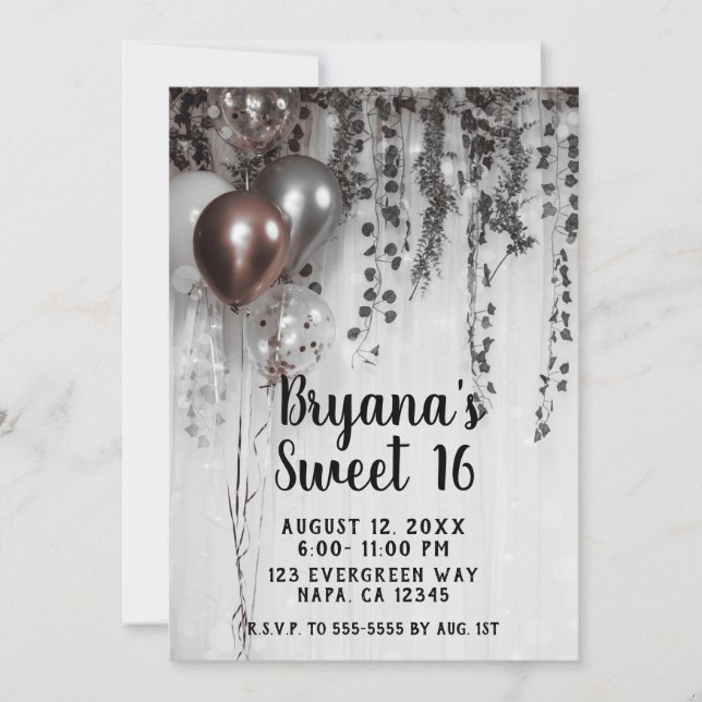 Invitation Balloons Roses et Or Rose Ivy 16 ans Douce (Devant)