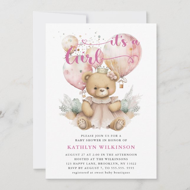 Invitation Balloons roses Ours en Teddy Floral Girl Baby show (Devant)