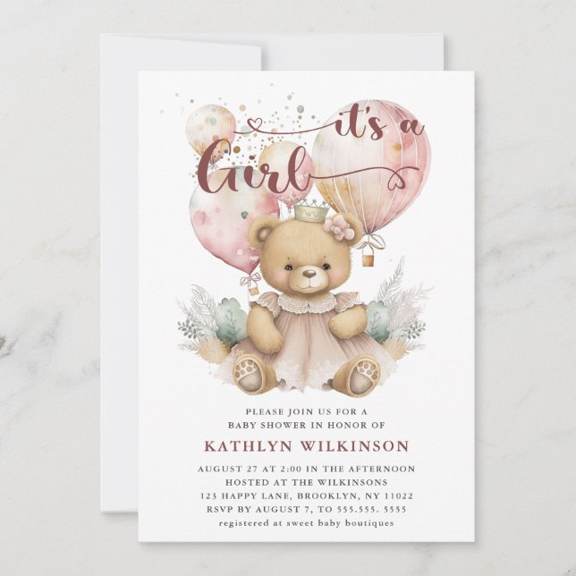 Invitation Balloons roses Ours en Teddy Floral Girl Baby show (Devant)