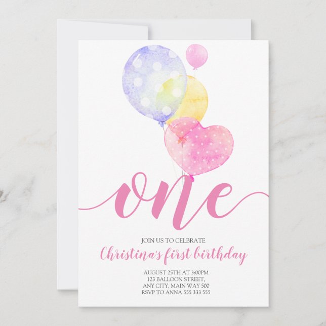 Invitation Balloons roses Premier Anniversaire De La Fille Un (Devant)