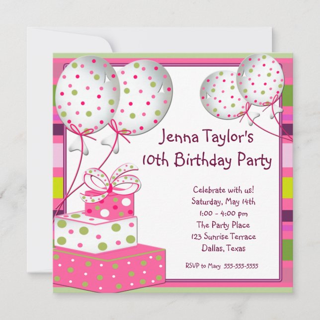 Invitation Balloons roses présente Filles Anniversaire (Devant)