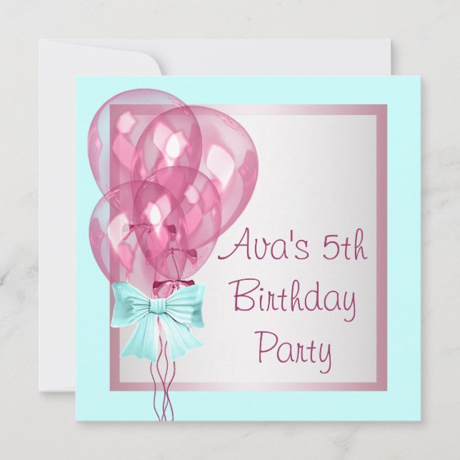 Invitation Balloons roses Turquoises Blue Girls Anniversaire (Devant)