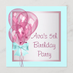 Invitation Balloons roses Turquoises Blue Girls Anniversaire