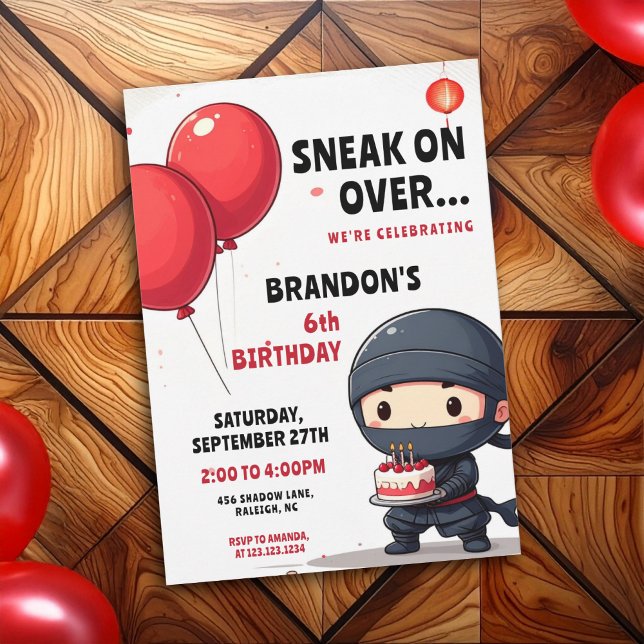 Invitation Balloons Rouges Ludiques et Gâteau Ninja pour l'an (Créateur téléchargé)