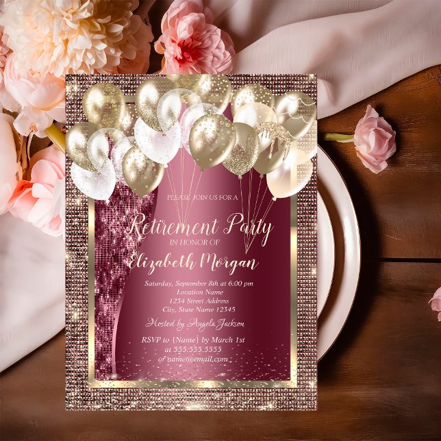Invitation Balloons Sequins Cadre Or Retraite Bourgogne  (Créateur téléchargé)