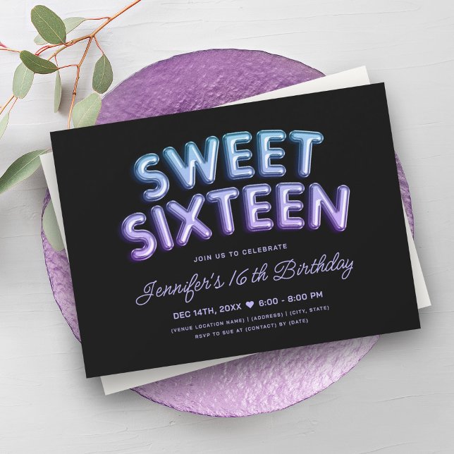 Invitation Balloons Turquoises pourpres de sirène Black Sweet (Mermaid Teal Purple Balloons Black Sweet 16 Invitation)
