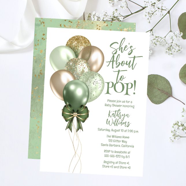 Invitation Balloons verts qu'elle est sur le point de faire d ("She's Ready to POP!" Green and Gold Translucent Glitter Balloons Baby Shower Invitation.)