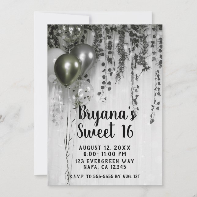 Invitation Balloons verts Silver Metallic Party Ivy Sweet 16 (Devant)