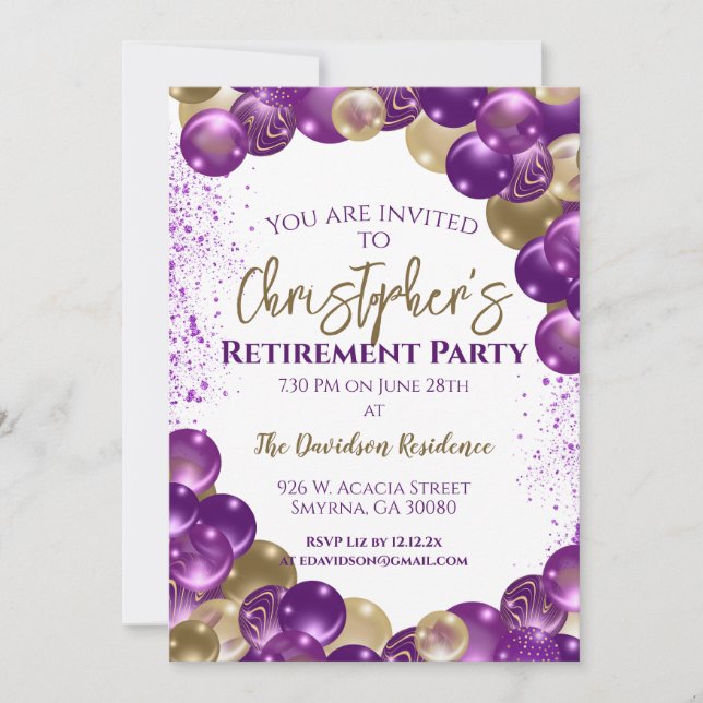 Invitation Balloons Violets Et Or Pour Fête De Retraite (Devant)