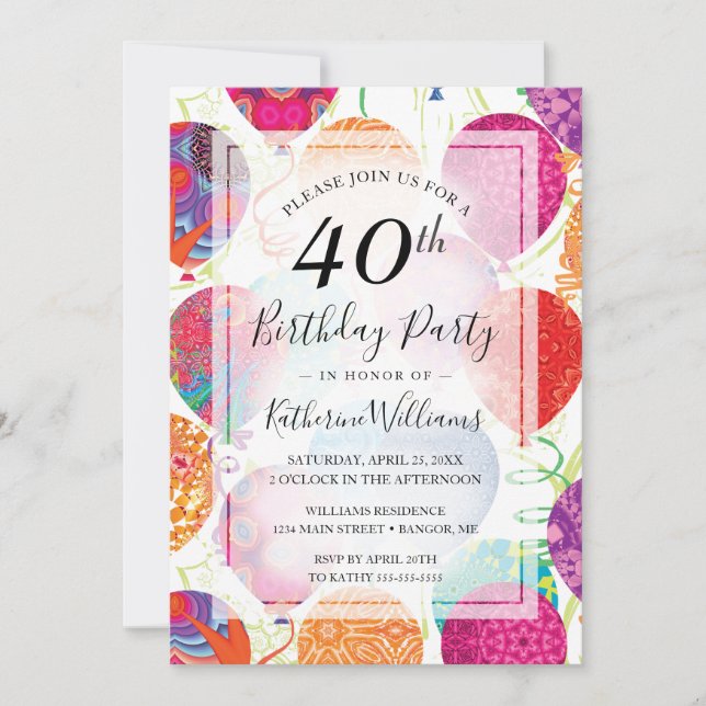 Invitation Balloons violets rose moderne 40e anniversaire (Devant)