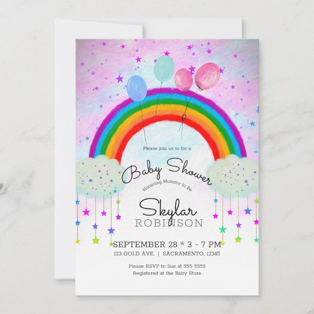 Invitation Balloons Whimsical Party Rainbow Stars Baby shower (Devant)