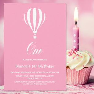 Invitation Ballotte à air chaud rose et blanc 1er anniversair