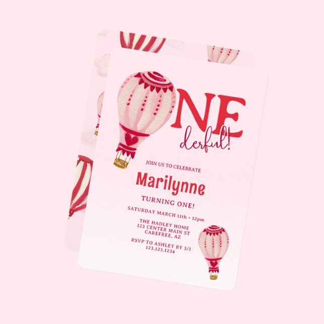 Invitation Ballotte à air chaud rose rouge 1er anniversaire (Créateur téléchargé)
