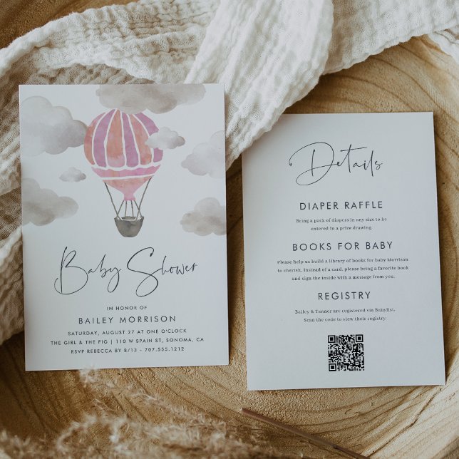 Invitation Ballotte à air chaud rose tout en un Baby shower (Créateur téléchargé)