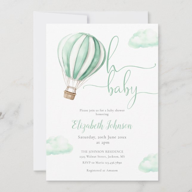 Invitation Ballotte à air chaud vert tout en un Baby shower (Devant)