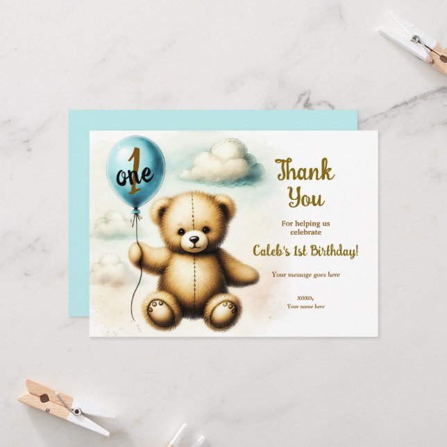 Invitation Ballotte bleu Teddy Bear Anniversaire Merci (Devant/Arrière en situation)
