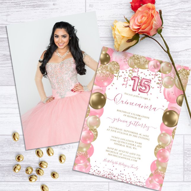 Invitation Ballotte Glam Quinceañera en rose (Pink Quinceanera Balloon Photo Invitation)