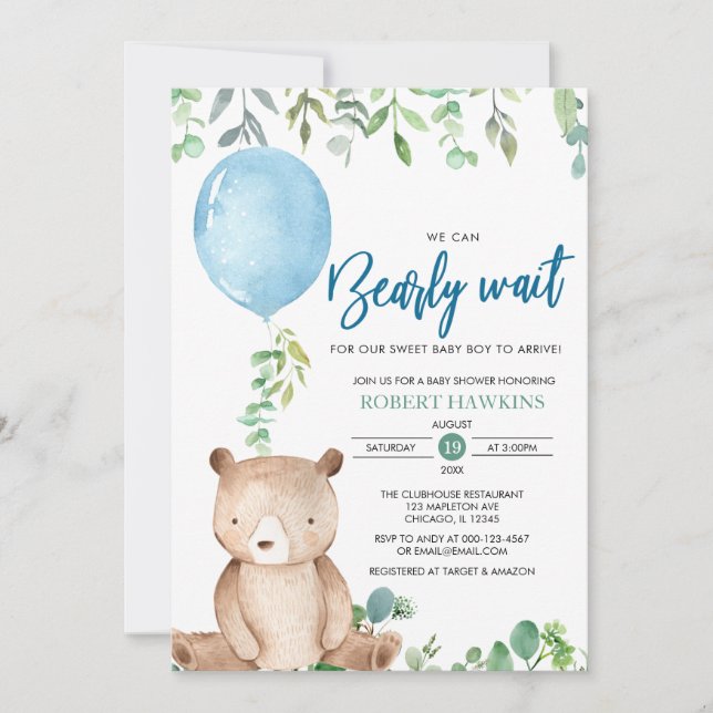 Invitation Ballotte On Peut Attendre Teddy Baby shower Ours (Devant)