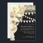 Invitation Ballotte Parties scintillant en or noir n'importe<br><div class="desc">Moderne Elégant Noir Classique Faux Jaune Parties scintillant Or Étincelle Bannière Ruban Bow Balloon Tassel N'importe quel âge Anniversaire</div>