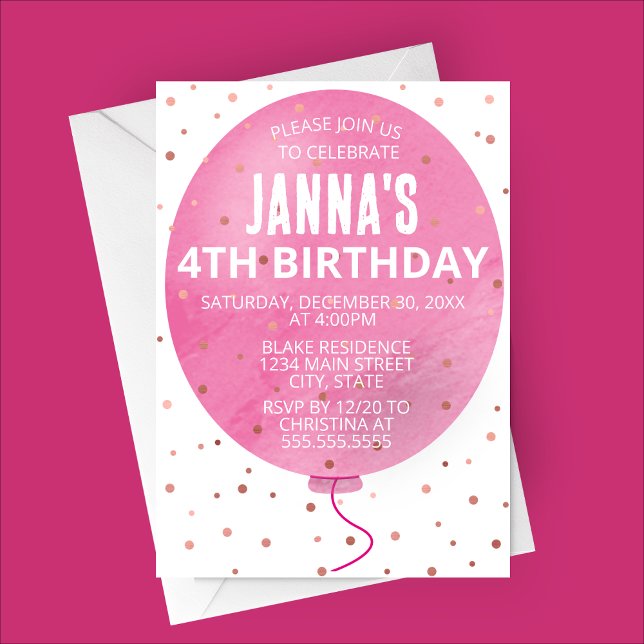 Invitation Ballotte rose Aquarelle Anniversaire (Pink Watercolor Balloon Party Invitation)