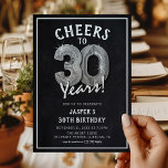Invitation Balons en argent Rustique Chalkboard 30e anniversa<br><div class="desc">Fêter ses 30 ans ! Ces invitations de fête de 30 ans sont conçus avec le titre "Cheers to 30 Years!". Doté d'un arrière - plan rustique,  de trente ballons d'hélium argent numéro trente,  d'une typographie blanche branchée et d'un modèle simple de fête d'anniversaire qui est facile à customiser.</div>
