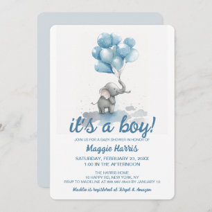 Invitation Baloons Bleus Eléphants Cute C'est un Baby shower