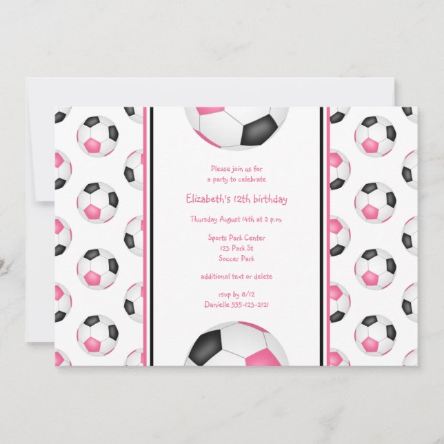 Invitation bals de football noir rose motif fête d'anniversai (Devant)