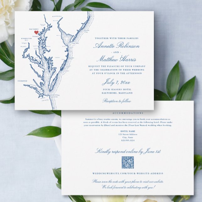 Invitation Baltimore Maryland réponse par QR code en une seul (Baltimore Maryland Elegant QR Code RSVP all-in-one wedding invitation with elegant navy blue map )