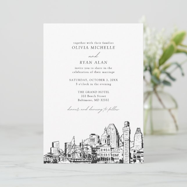 Invitation Baltimore Skyline moderne Mariage noir et blanc (Debout devant)