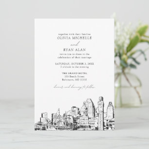 Invitation Baltimore Skyline moderne Mariage noir et blanc