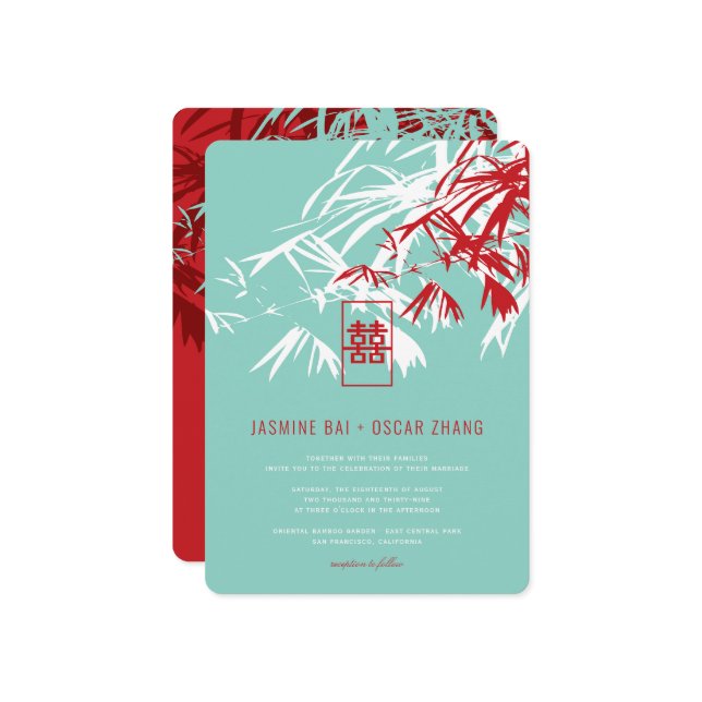 Invitation Bambou rouge et turquoise Feuille Mariage chinois  (Devant/Arrière en situation)