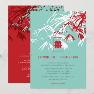 Invitation Bambou Rouge et Turquoise Feuille Zen Asiatique Ma