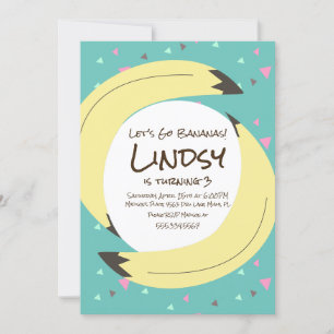 Invitation Banana Confetti Vert rose Turquoise fête d'anniver