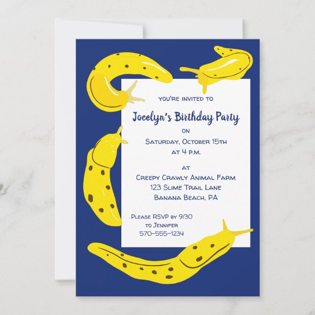 Invitation Banana Slugs Jaune et Bleu Personnalisé Anniversai (Devant)