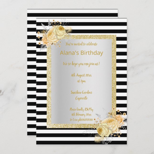 Invitation Bande blanche noire Bouquet Or anniversaire (Devant / Derrière)