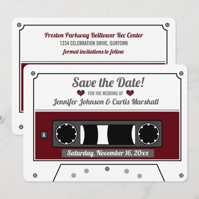 Invitation Bande Cassette Vin Rouge Mariage Épargnez la Date  (Devant / Derrière)