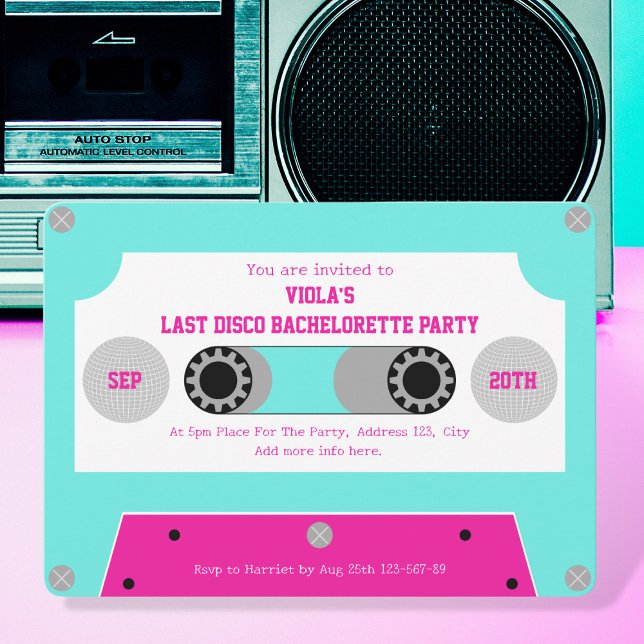 Invitation Bande De Cassette dernière Disco Rose Et Turquoise (last disco cassette tape bachelorette party invitation pink and turquoise silver disco ball retro)