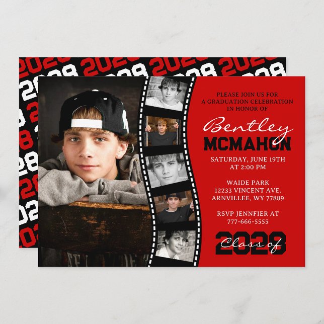 Invitation Bande de film unique rouge et noir 6 Diplôme photo (Red & Black 6 Photo Filmstrip Collage Graduation Invitation - Printed with Envelopes or Digital)